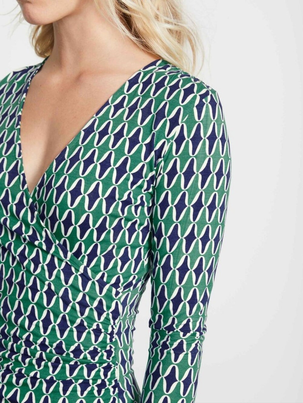 Boden Long Sleeve Wrap Top Navy & Green Geometric Wrap-Style